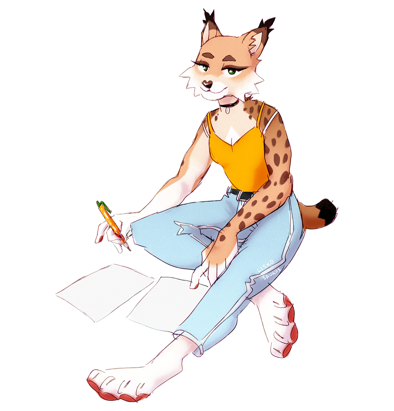 Vunka, my lynx fursona, sitting down with pieces of paper in front of her. Light blue jeans, orange top, little choker, pen on hand
